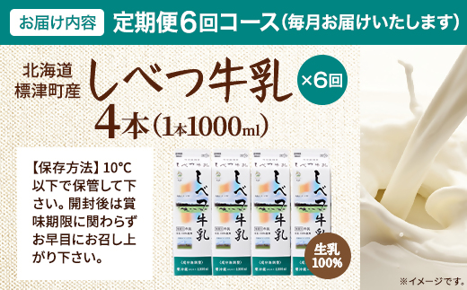 【毎月定期便】【6ヶ月定期便】しべつ牛乳1L×4本　北海道 パックミルク 美味しい全6回【配送不可地域：離島】