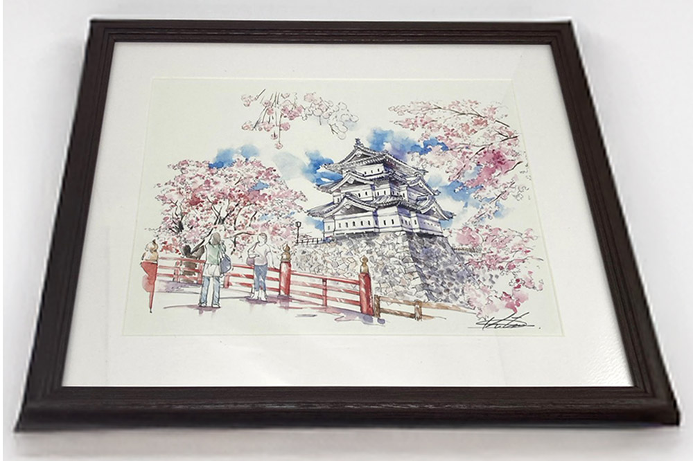 弘前城と下乗橋の複製画イラスト1枚（額縁付き）