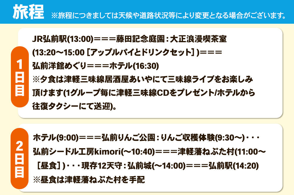 【寄附金額見直しました】【タクシーでらくらく移動】着地型弘前りんご満喫ツアー 2名様ご招待＜レターパックプラス＞ [ホテル宿泊券 りんご収穫体験 入場券 食事券]