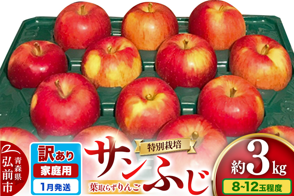 【26年1月発送】りんご 訳あり家庭用【年明け発送】葉取らず サンふじ 約3kg（8～12玉程度）青森県特別栽培農産物認証農園