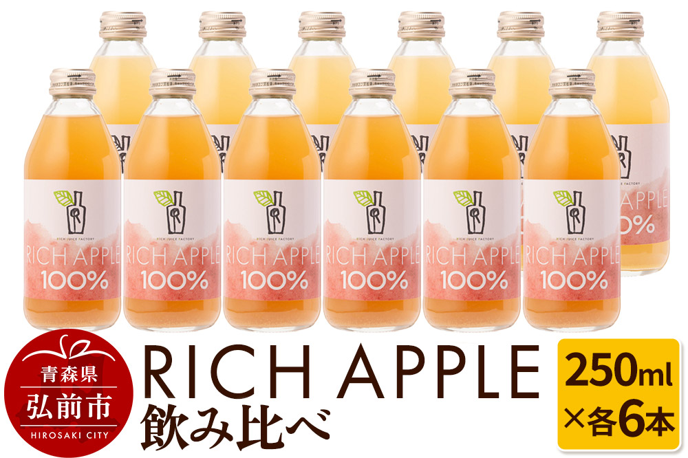 りんごジュース RICH APPLE 飲み比べ 12本セット（250ml×12本）