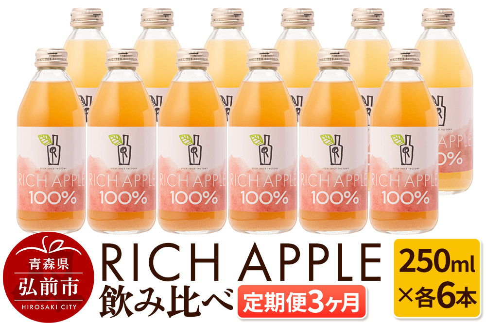 【定期便3ヶ月】RICH APPLE 飲み比べ りんごジュース12本セット（250ml×12本×3回）【飲料類 果汁飲料】