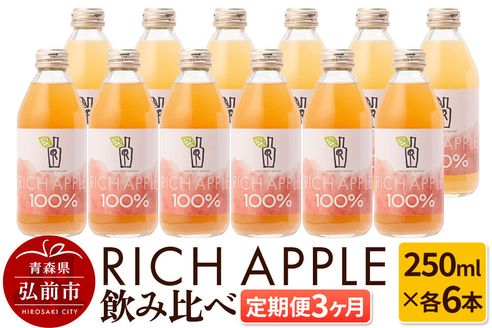 【寄附金額見直しました】【定期便3ヶ月】RICH APPLE 飲み比べ りんごジュース12本セット（250ml×12本×3回）【飲料類 果汁飲料】