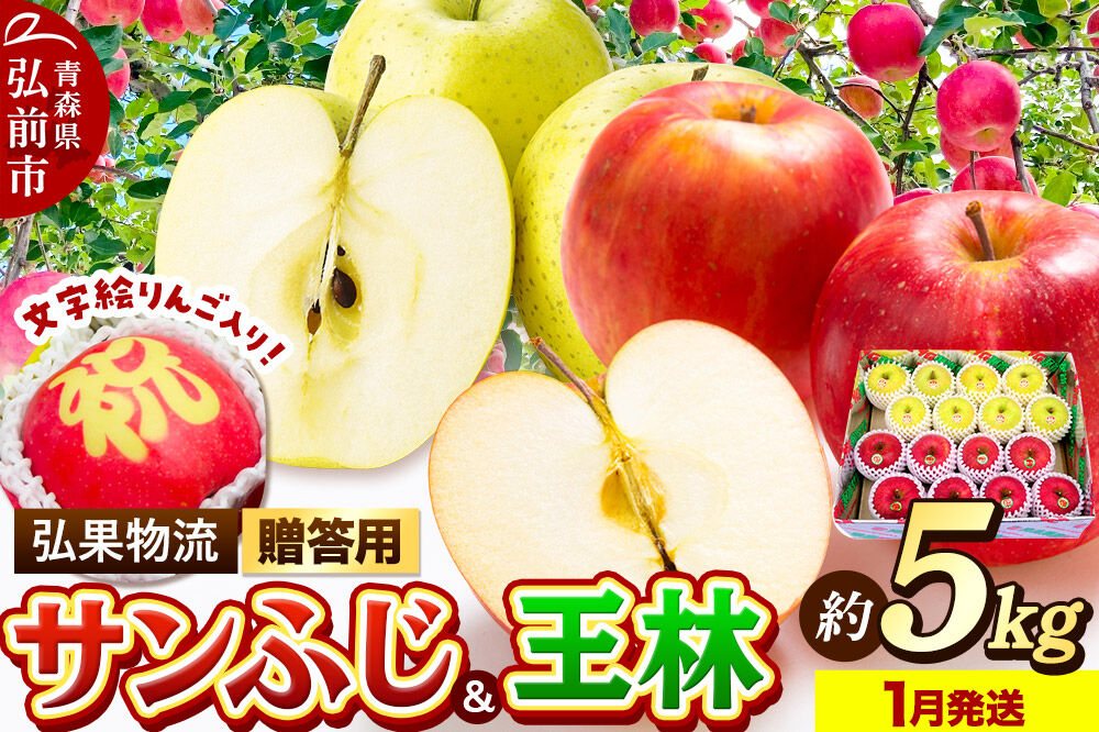 【26年1月発送】りんご 贈答用 サンふじ・王林＋文字絵入りりんご1個 約5kg