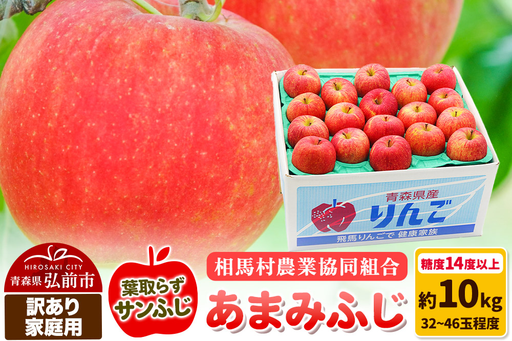 【26年3月発送】りんご 糖度14度以上【訳あり】家庭用 あまみふじ（葉取らずサンふじ）約10kg（32～46玉程度）
