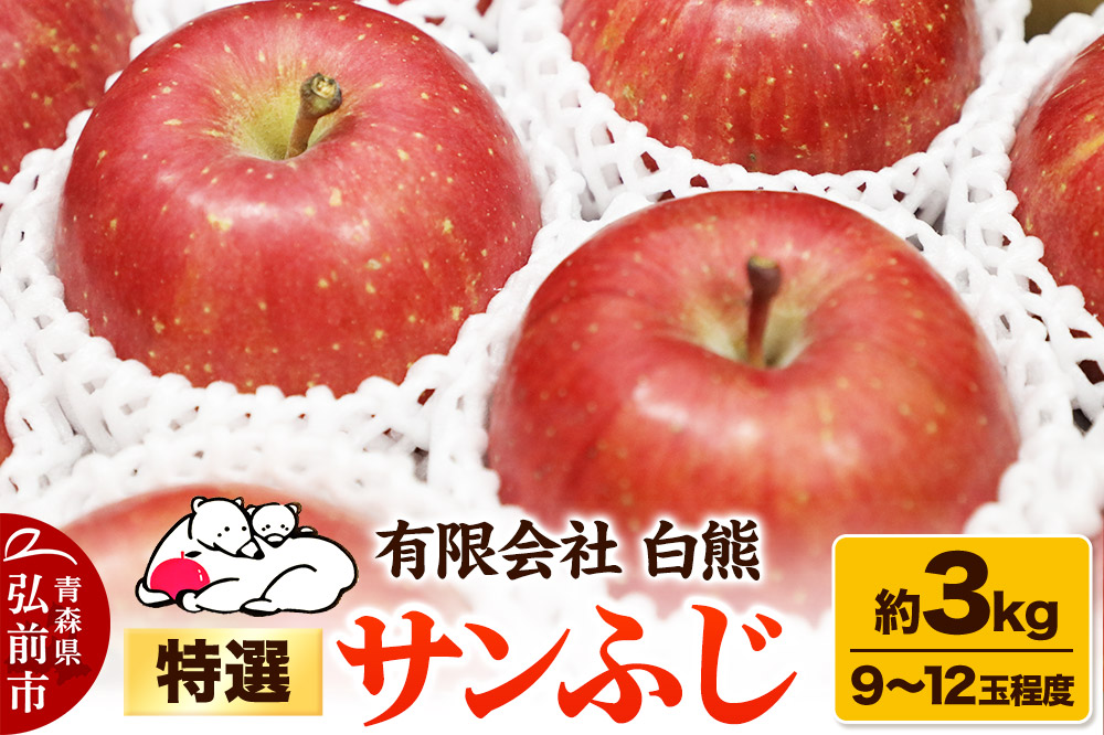 【26年1月発送・先行受付】りんご 特選 白熊 サンふじ 絆 約3kg（9～12玉程度）糖度13度
