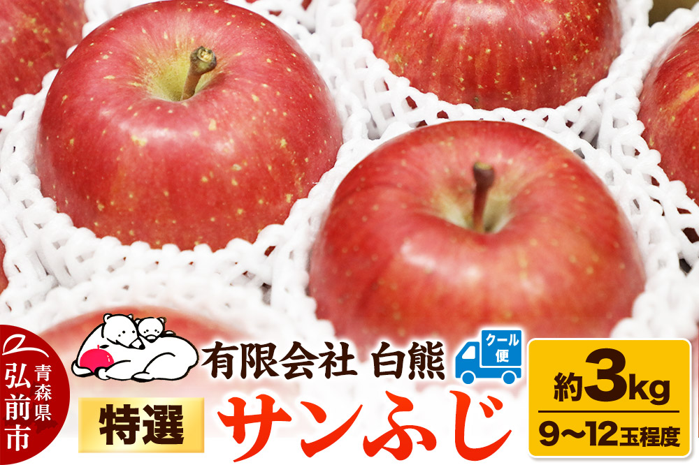 【26年4月発送・先行受付・クール便】りんご 特選 白熊 サンふじ 絆 約3kg（9～12玉程度）糖度13度 CA貯蔵