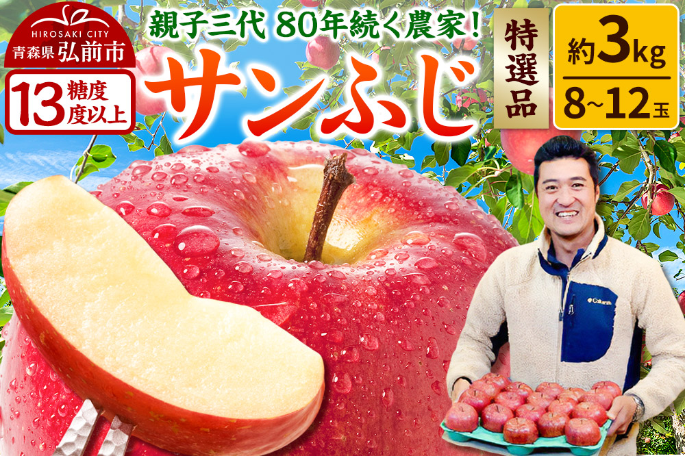 【26年1月発送】りんご 【糖度13度以上】サンふじ【特選品】約3kg 8～12玉程度 津軽農園