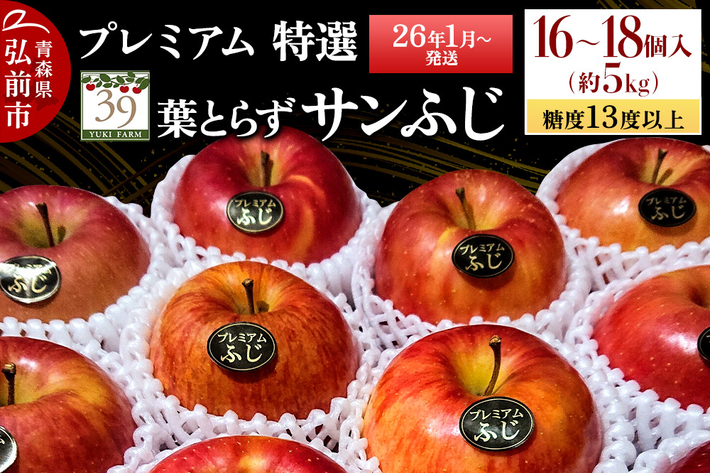 【26年1月～発送】りんご 【 数量限定 】糖度13度以上 「特選」プレミアム 葉とらずサンふじ 約 5kg 16～18個