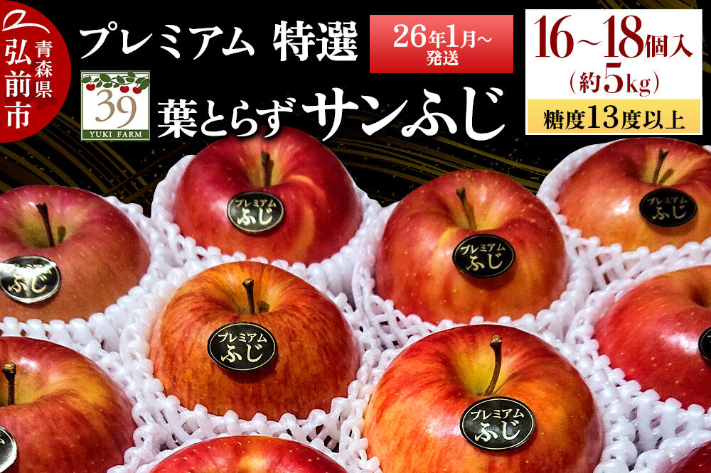 【26年1月～発送】りんご 【 数量限定 】糖度13度以上 「特選」プレミアム 葉とらずサンふじ 約 5kg 16～18個