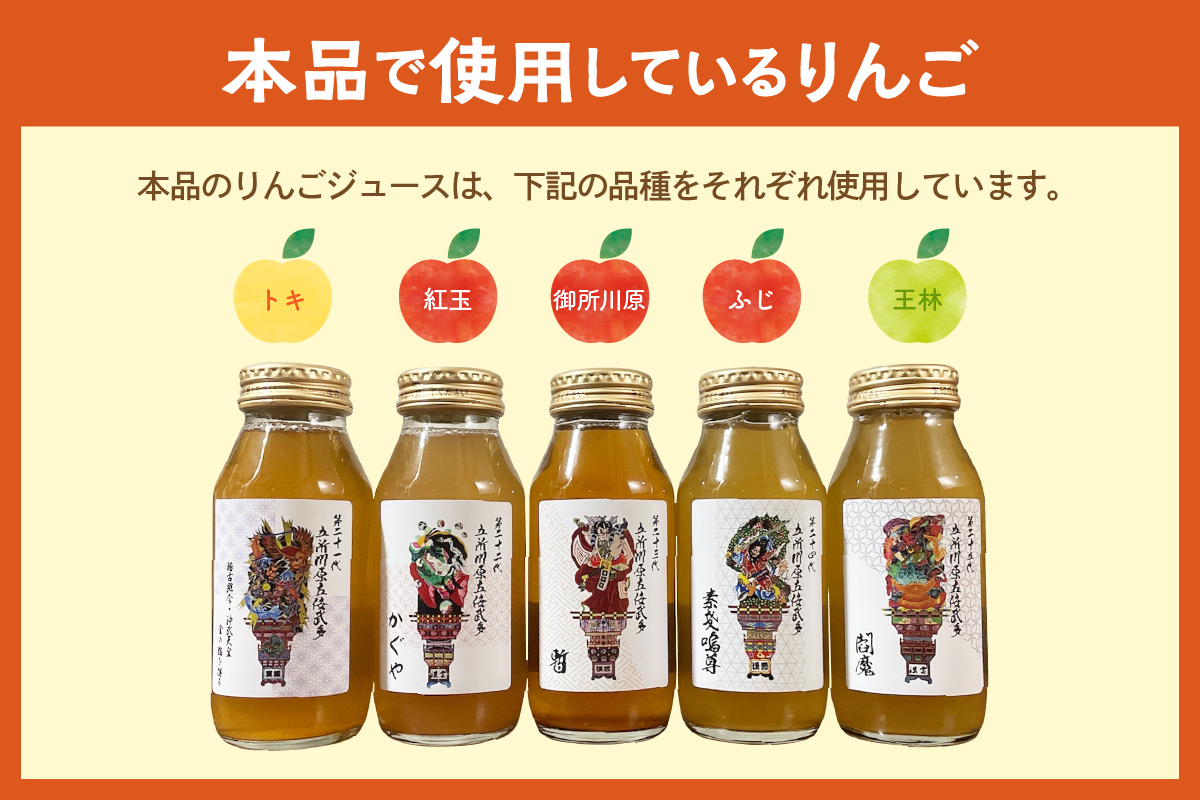 りんごジュース　詰め合わせ180ml×5種 100％ストレート【飲み比べ リンゴジュース ふじ トキ 御所川原 王林 紅玉【五所川原 青森 瓶 立佞武多 ねぷた ねぶた】