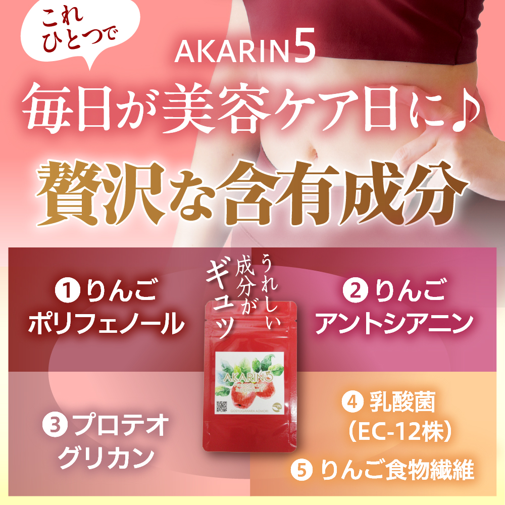 サプリ AKARIN5プロテオグリカンサプリメント 90粒 約1ヶ月分 プロテオグリカン (あおもりPG) りんごポリフェノール りんごアントシアニン 乳酸菌 りんごの食物繊維 サプリメント