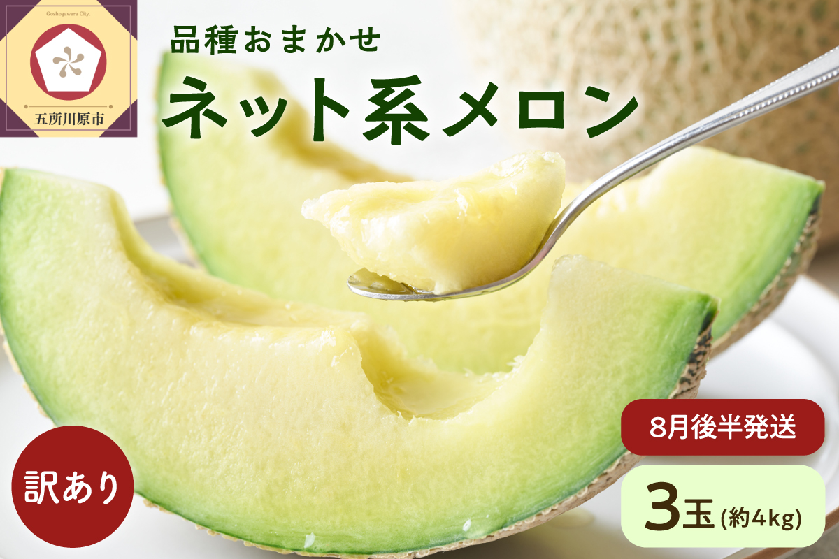 【2026年8月後半発送・2026年先行予約】 メロン 訳あり 3玉 約4kg 青肉 中玉 青森 五所川原 ネット系メロン
