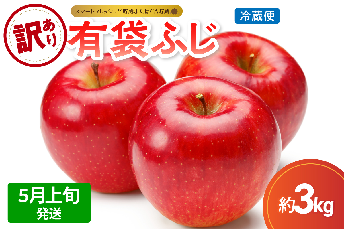 【2026年5月上旬発送】【訳あり】りんご有袋ふじ3kg(スマートフレッシュTM貯蔵又はCA貯蔵・クール便)