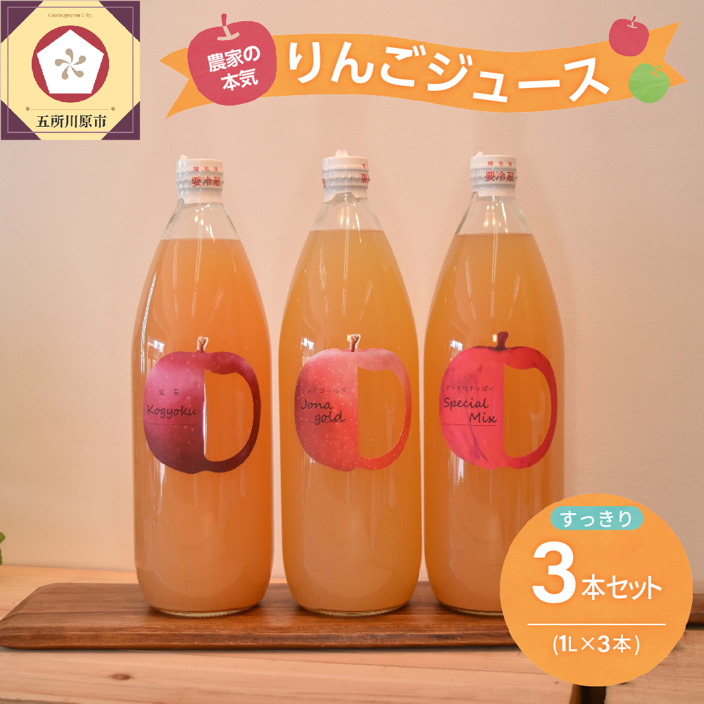 青森 りんごジュース 1L×3本 りんご 果汁 100％ ストレート すっきり 飲み比べ セット