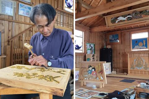 工芸品 青森ひば絵 (商標登録) 写真 (ラミネート仕上り) A4サイズ 3枚セット 額入り「りんごっこ」「しあわせ」「こころ」[0416]