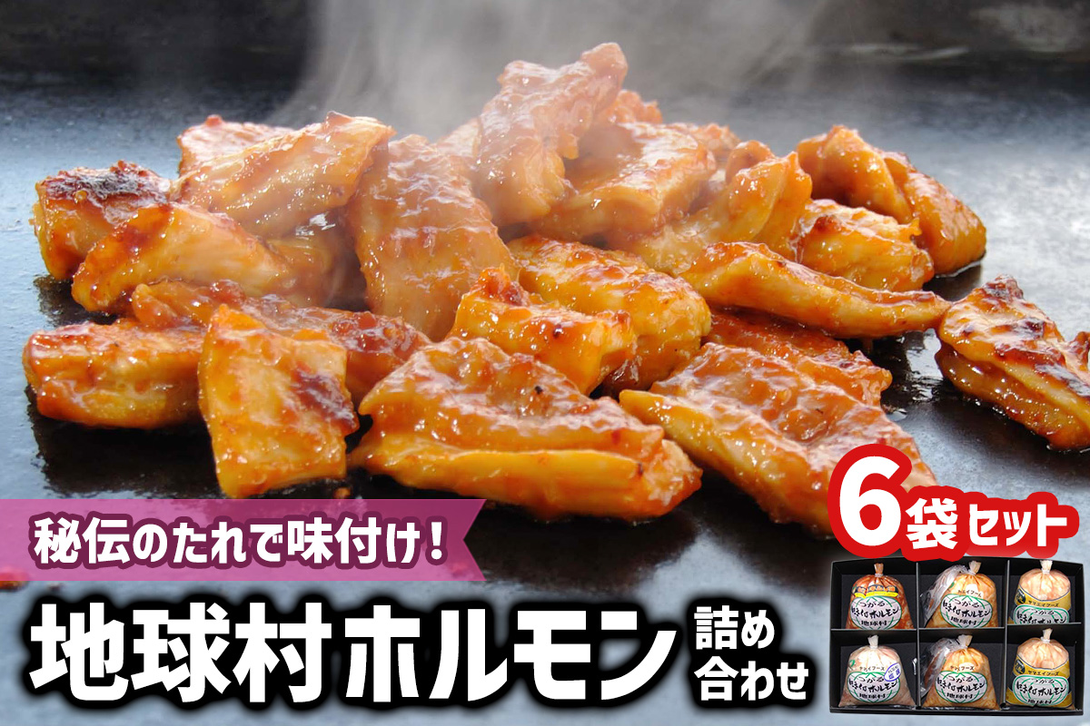 地球村ホルモン詰め合わせ 6袋セット｜源たれ味も！秘伝のみそ味も！選べる美味しさ 国産 食べ比べ 焼肉 つがる ホルモン ホルモン焼き 冷凍 味付き 焼くだけ 焼き肉 キムチ味 塩味 源タレ味 [0397]