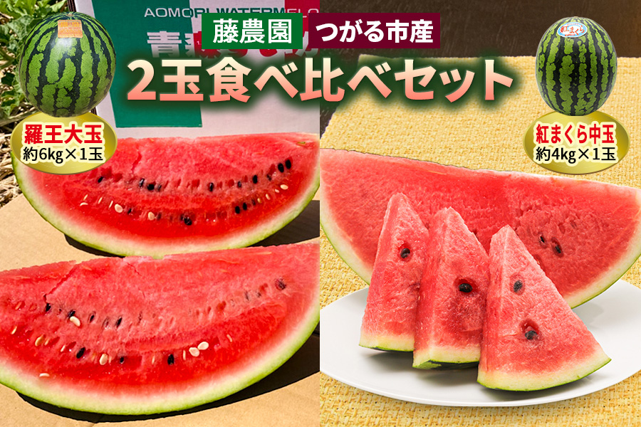 [羅王・紅まくら] スイカ 食べ比べ 2玉セット｜つがる市産 青森産 産直 2026年産 令和8年 夏 すいか 西瓜 果物 フルーツ 旬 特産 藤農園 農福連携 ラオウ らおう 羅皇 [0620]