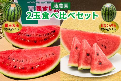 [羅王・紅まくら] スイカ 食べ比べ 2玉セット｜つがる市産 青森産 産直 2026年産 令和8年 夏 すいか 西瓜 果物 フルーツ 旬 特産 藤農園 農福連携 ラオウ らおう 羅皇 [0620]
