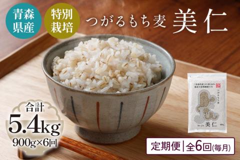 [青森県産もち麦・特別栽培] (農薬・化学肥料不使用) つがるもち麦 美仁 900g《定期便/全6回/毎月お届け》｜津軽 食物繊維 [0401]