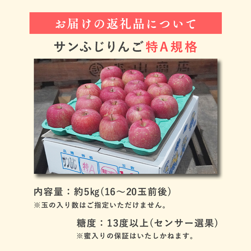 1月  サンふじりんご「特A」約5kg 糖度13度以上(14～20玉程度） 【森山商店・平川市・青森りんご・1月】