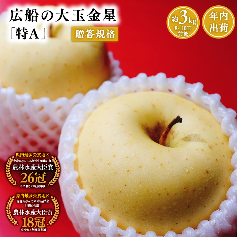 年内 贈答規格 広船の大玉金星約3kg「特A」【広船アップルクラブ・平川市広船産・青森りんご・12月】