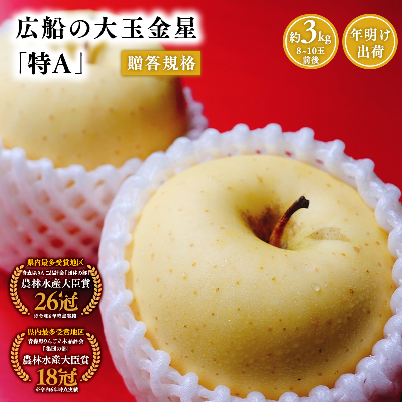 年明け 贈答規格 広船の大玉金星約3kg「特A」【広船アップルクラブ・平川市広船産・青森りんご・1月・2月】1月30日申込締め切り