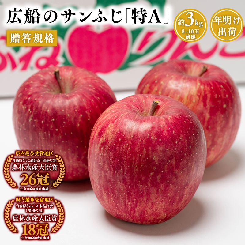 年明け 贈答規格 広船のサンふじ 約3kg「特A」【広船アップルクラブ・平川市広船産・青森りんご】