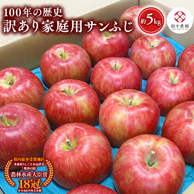 12月 100年の歴史 訳あり 家庭用サンふじ 約5kg【田中農園・青森県平川市産・青森りんご】