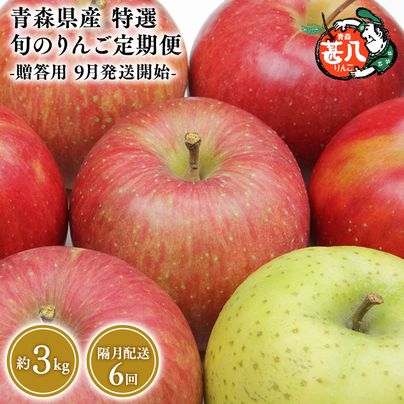  【9月発送開始】隔月配送　定期便６回　特選　甚八りんご　３kg　【マルジンサンアップル　9月　11月　1月　3月　5月　7月　　青森県産　平川市　りんご　3kg　特選　贈答用】