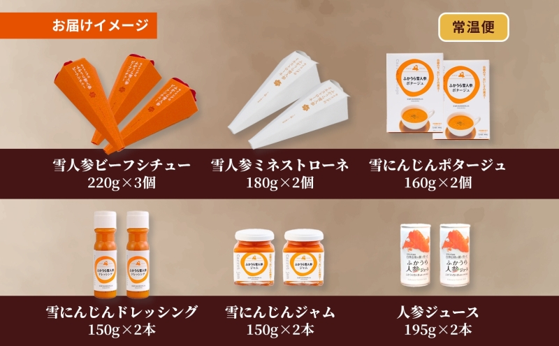 ANA限定品 雪人参 詰め合わせ セット ビーフシチュー ミネストローネ ポタージュ スープ ドレッシング ジャム ジュース お取り寄せ 贈答用 送料無料 常温 食べ物屋セイリング 青森県 深浦町