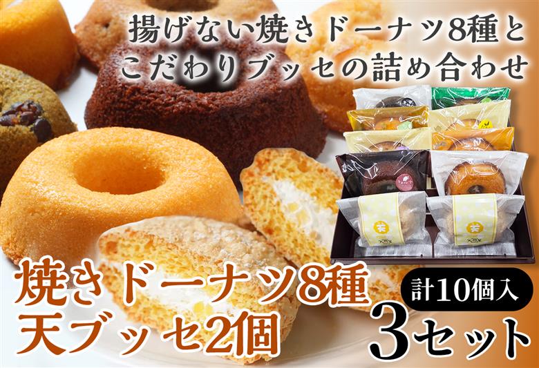 焼きドーナツ8種＋天（ブッセ）2個詰合せ×3セット【詰め合わせ お菓子 おかし 焼き菓子 個包装 化粧箱 バター クリーム スイーツ デザート おやつ 長芋 手土産 ギフト 贈り物 青森県 七戸町】【02402-0636】