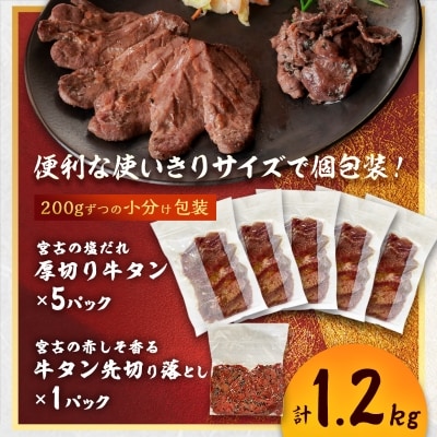 宮古の塩だれ厚切り牛タン1kg(200g×5)・宮古の赤しそ香る牛タン先切り落とし200g【配送不可地域：離島】