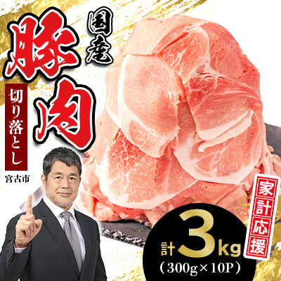 家計応援!国産 豚肉 計3kg!(300g×10P) 豚 切り落とし 小分けで便利【配送不可地域：離島】
