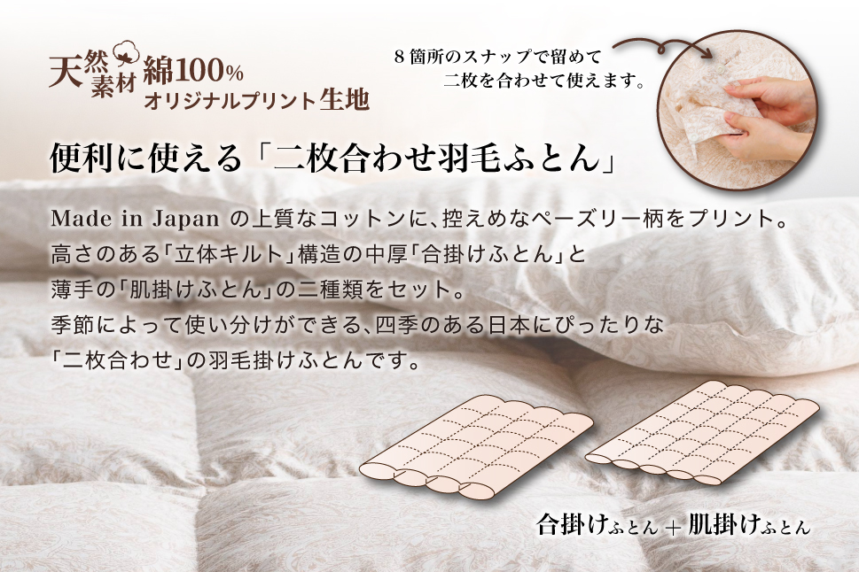 羽毛布団 キング 二枚合わせ［パルミー］上質 綿100％×ハンガリーホワイトグース ダウン93％ ダウンパワー 400dp 【富士新幸 花巻工房】 【2223】