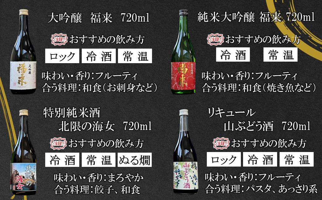 《 ６月発送分 》【蔵元直送】「 福来 満喫セット 720ml 4本詰合せ 」（日本酒 酒 さけ sake アルコール お祝い 縁起 大吟醸 純米大吟醸 特別純米酒 リキュール 山ぶどう酒 人気 おすすめ お取り寄せ 贈答 ご自宅用 プレゼント 送料無料） 「６月発送分」