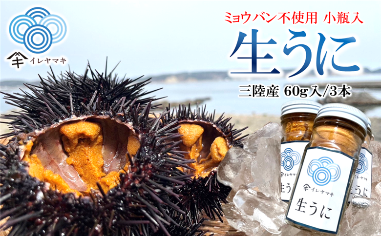 「先行予約」2026年発送分「ミョウバン不使用！ 小瓶入 生うに 60g×3本」　岩手 三陸 久慈 冷蔵 小分け 生 雲丹 ウニ 新鮮 添加物不使用 ミョウバン不使用 配送指定日不可 ５月ＧＷ以降発送予定 60ｇ×３本（小瓶入）※2026年発送