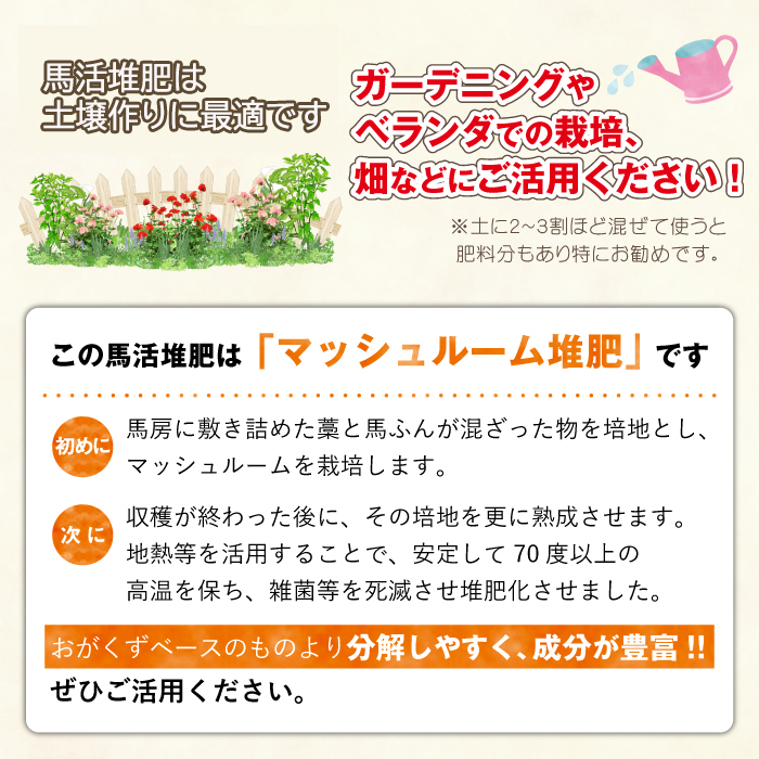 馬活堆肥（マッシュルーム堆肥）22L×1袋 3ヶ月定期便 ／ ジオファーム 堆肥 たい肥 たいひ ガーデニング 畑 庭木 家庭菜園 土壌改良材 花 植木 植物 農作物 野菜 造園 果樹 土作り 土づくり