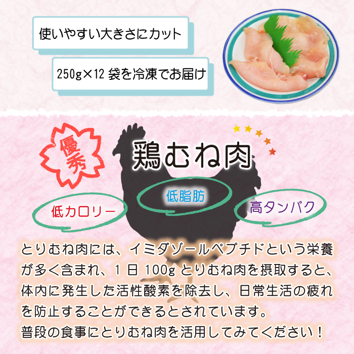 【岩手県産】 とりむね 250g×12袋（合計3kg） ／ 肉のささき 鶏むね 鶏肉 小分け お肉