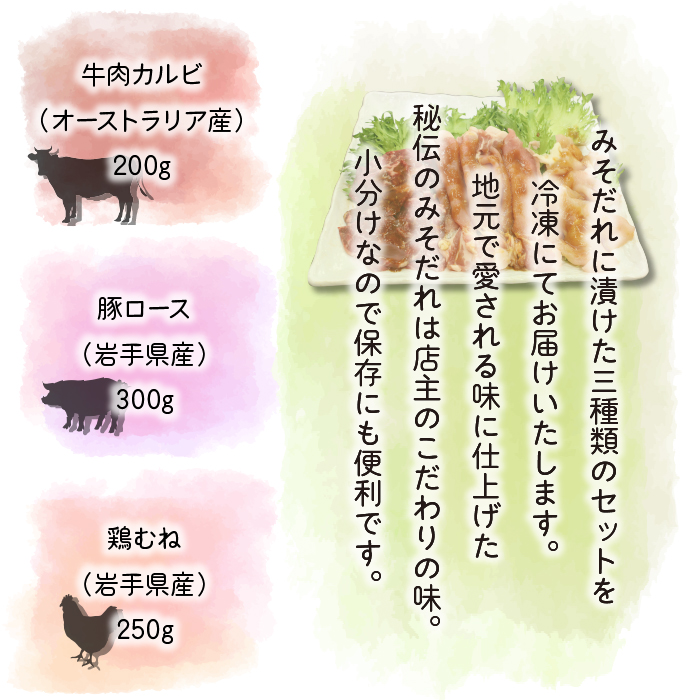 秘伝のみそだれ 牛・豚・鶏3種セット 計750g ／ 肉のささき 牛肉 豚肉 鶏肉 焼肉