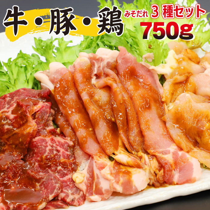 秘伝のみそだれ 牛・豚・鶏3種セット 計750g ／ 肉のささき 牛肉 豚肉 鶏肉 焼肉
