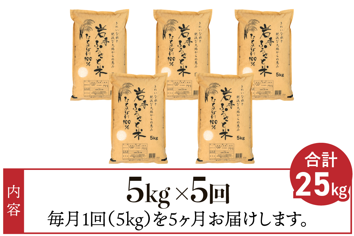 3人に1人がリピーター! ☆全5回定期便☆ 岩手ふるさと米 5kg×5ヶ月 令和7年産 一等米ひとめぼれ 東北有数のお米の産地 岩手県奥州市産【配送時期に関する変更不可】 [U0140]