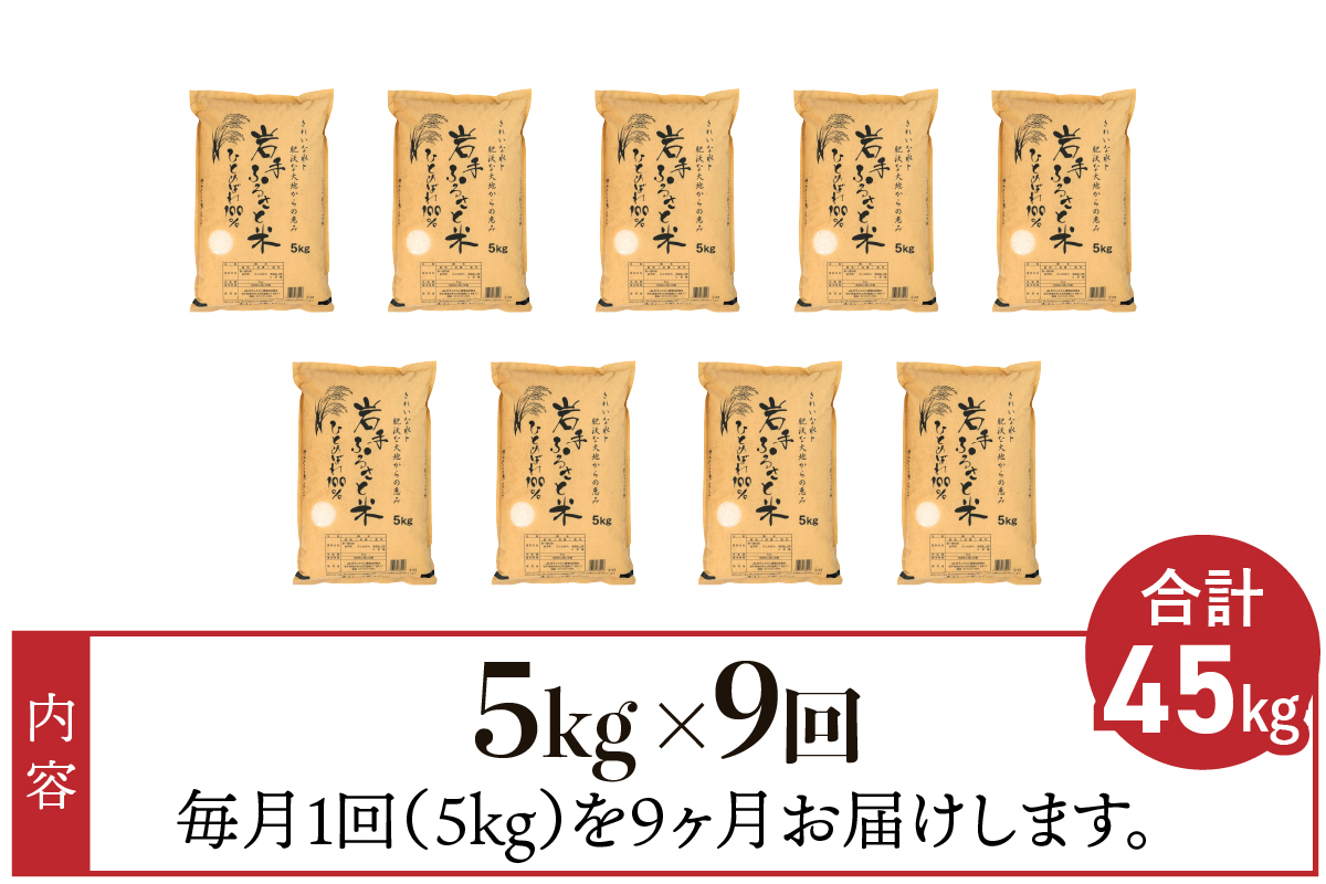 3人に1人がリピーター! ☆全9回定期便☆ 岩手ふるさと米 5kg×9ヶ月（計45kg）令和7年産 一等米ひとめぼれ 東北有数のお米の産地 岩手県奥州市産【配送時期に関する変更不可】 [U0144]