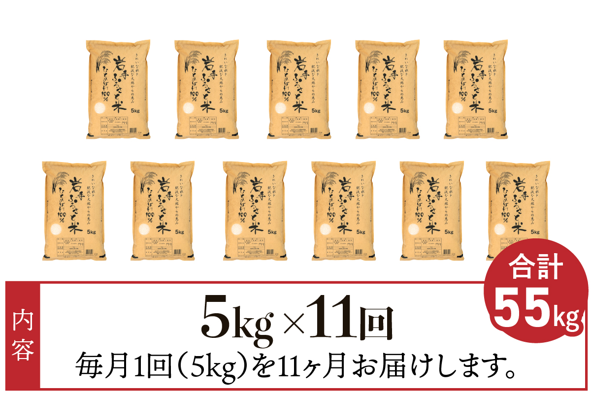 3人に1人がリピーター!☆全11回定期便☆ 岩手ふるさと米 5kg×11ヶ月（計55kg） 令和7年産 一等米ひとめぼれ 東北有数のお米の産地 岩手県奥州市産【配送時期に関する変更不可】 [U0146]