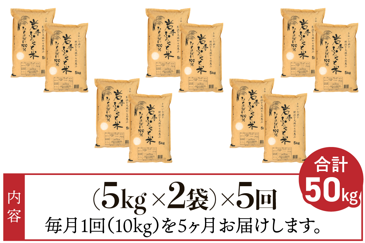 3人に1人がリピーター!☆全5回定期便☆ 岩手ふるさと米 10kg(5㎏×2)×5ヶ月 令和7年産 一等米ひとめぼれ 東北有数のお米の産地 岩手県奥州市産【配送時期に関する変更不可】 [U0164]