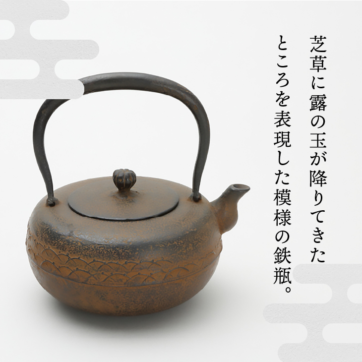 南部鉄器 鉄瓶 平丸形露芝 1.0L 【伝統工芸士 菊池 真吾 作】 伝統工芸品 [Y0098]