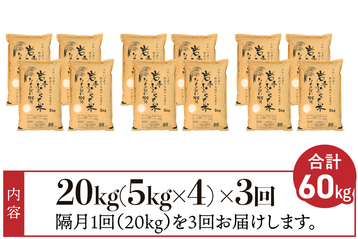 【隔月 定期便】 20kg(5kg×4袋)×3ヶ月 計60kg 岩手県奥州市産ひとめぼれ「岩手ふるさと米」令和7年産 【配送時期に関する変更不可】 [U0225]