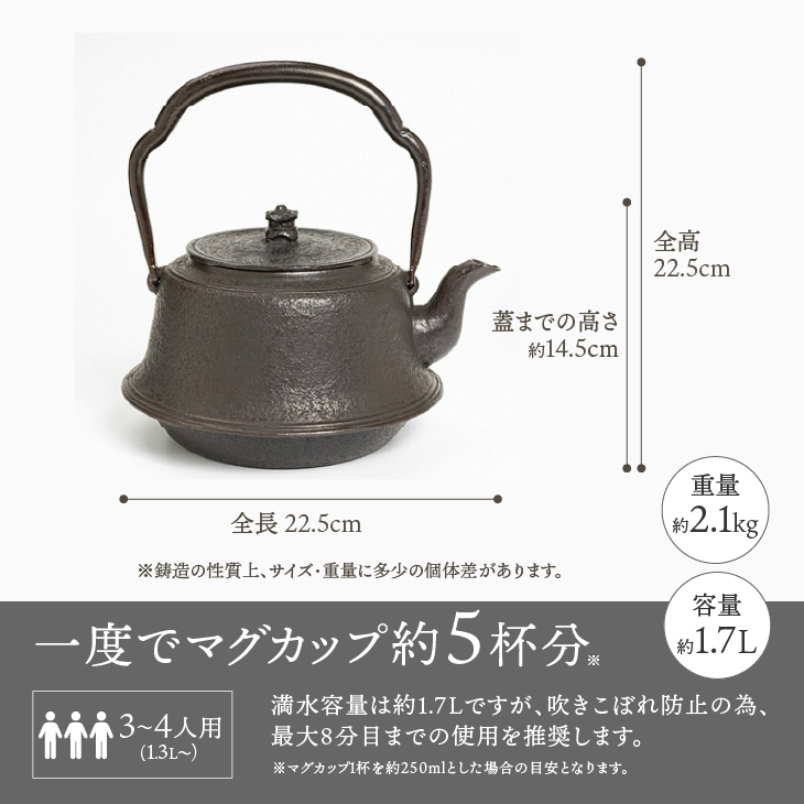 南部鉄器 鉄瓶 富士型肌 1.7L 【伝統工芸士 佐藤勝芳 作】 IH調理器 伝統工芸品 やかん ケトル キッチン用品 食器 日用品 雑貨[Y0050]