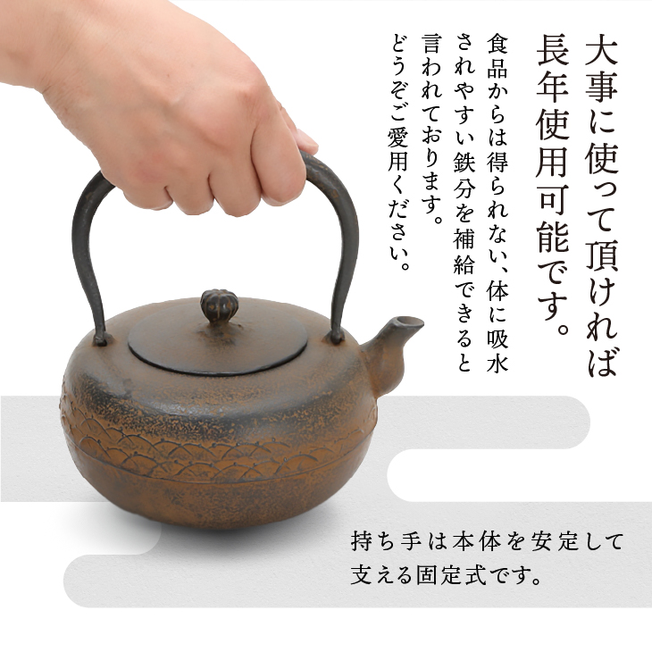 南部鉄器 鉄瓶 平丸形露芝 1.0L 【伝統工芸士 菊池 真吾 作】 伝統工芸品 [Y0098]