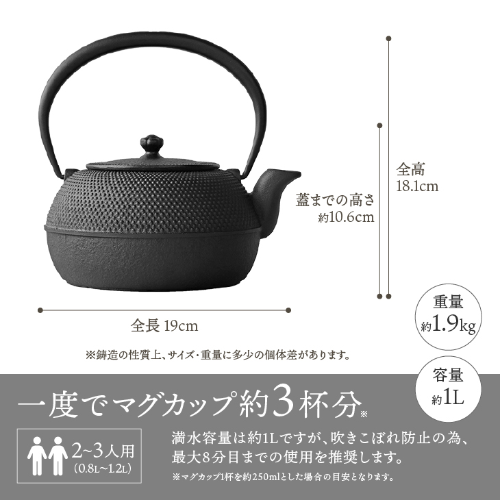 南部鉄器　鉄瓶平形まろみアラレ 1L [Z0041]